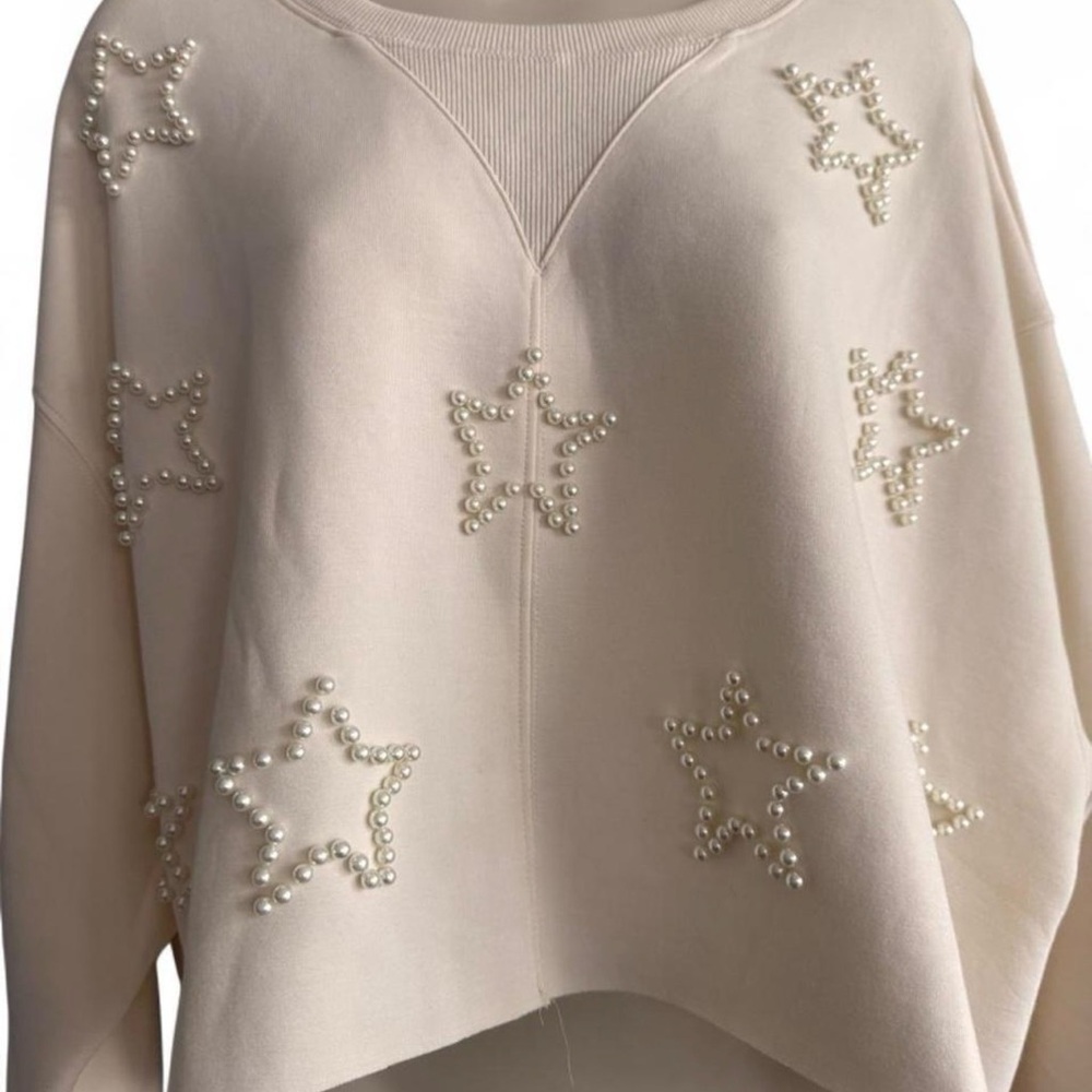 Simply Southern Pearl Star Cropped Sweatshirt Cream Medium Embellished Modal - Picture 3 of 10